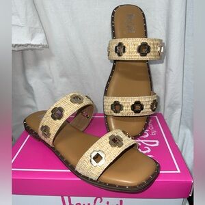 Corkys Tan Woven Double-Strap Slide Sandals with Gold Accents